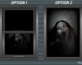 May include: Two window frames with a scary image of a woman with long hair and a bloody mouth. The image is in black and white with a grainy texture. The text "OPTION 1" is above the left window and "OPTION 2" is above the right window.