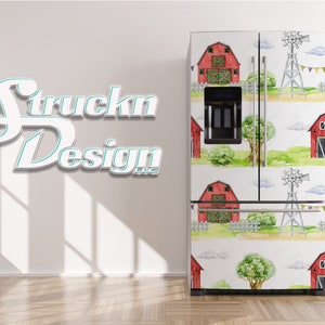 May include: A white refrigerator with a farm scene design. The design features red barns, windmills, green trees, and white fences. The text "Struckn Design LLC" is in the upper left corner.