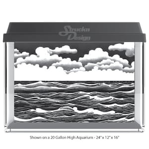 Inked Style Wavy Ocean Cloudy Sky Grayscale 10mil Polyester Fish Tank Glass Backdrop Aquarium Background Waterproof Grey Opaque Backer