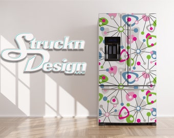 Mid Century Modern Atomic Star Różowo-zielona lodówka Lodówka Zamrażarka Wrap Obok siebie Górne Dół Drzwi Winylowa Naklejka Ścienna Zdejmowana