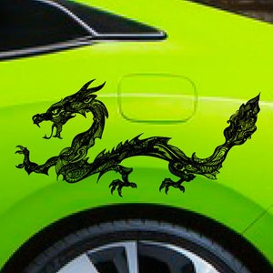 May include: A black and white detailed dragon decal on a lime green car. The dragon is facing left and has its wings spread out.