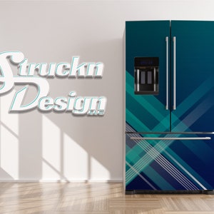 Modern Teal Blue Crossing Lines Refrigerator Fridge Freezer Wrap Side by Side Top Bottom Door Vinyl Mural Skin Decal Removable