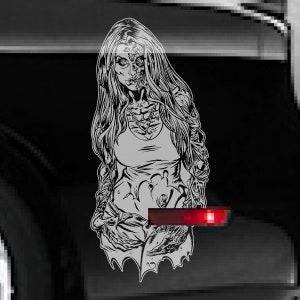 May include: Black and white illustration of a woman with a skull-like face and long hair. She is wearing a tank top and has a skeletal design on her chest. The illustration is on a black background.