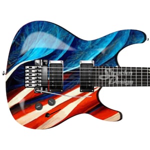 May include: A blue, red, and white electric guitar with a swirling abstract design. The guitar has a black neck and a silver bridge.