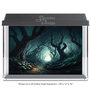 May include: A dark, mysterious forest scene with twisting branches and a path leading to a bright light. This image is shown in a 20-gallon high aquarium, measuring 24 inches by 12 inches by 16 inches.  Struckn Design.