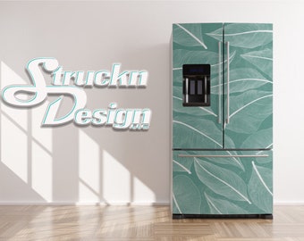 May include: A green refrigerator with a white leaf pattern design. The refrigerator has a water and ice dispenser on the door.