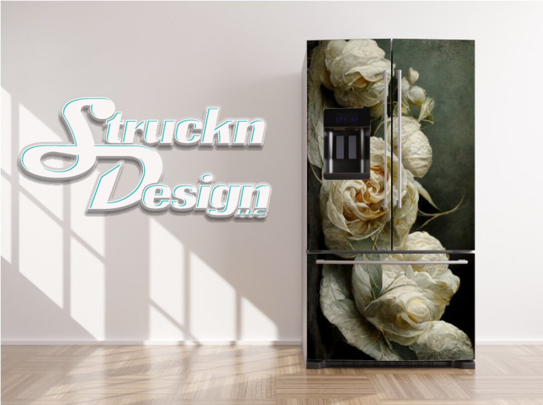 Elegant White Roses Oil Paint Style Gray Refrigerator Fridge Freezer