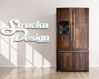 May include: A stainless steel refrigerator with a wood-grain design. The refrigerator has a water and ice dispenser on the door. The refrigerator is in a room with white walls and a wood floor.