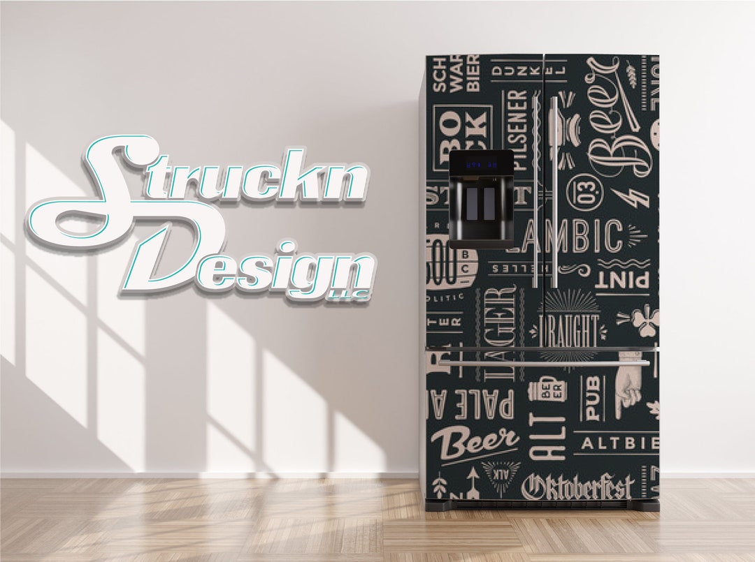 Vintage Drawn Beer Type Black Bar Pub Refrigerator Fridge Freezer Wrap ...