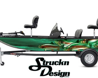 May include: A green and black fishing boat with a fish graphic on the side. The boat is on a trailer with a black wheel. The boat has a Mercury outboard motor.