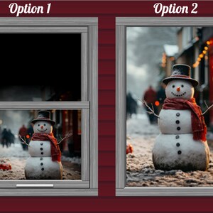 May include: Two window frames with different images. The left frame shows a snowman in a snowy street scene. The right frame shows a snowman in a snowy street scene with a building in the background.