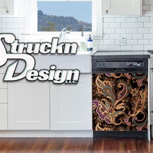 Purple Teal Paisley Floral Black Detailed Dishwasher Wrap Dishes Front Door Vinyl Mural Skin Decal Removable