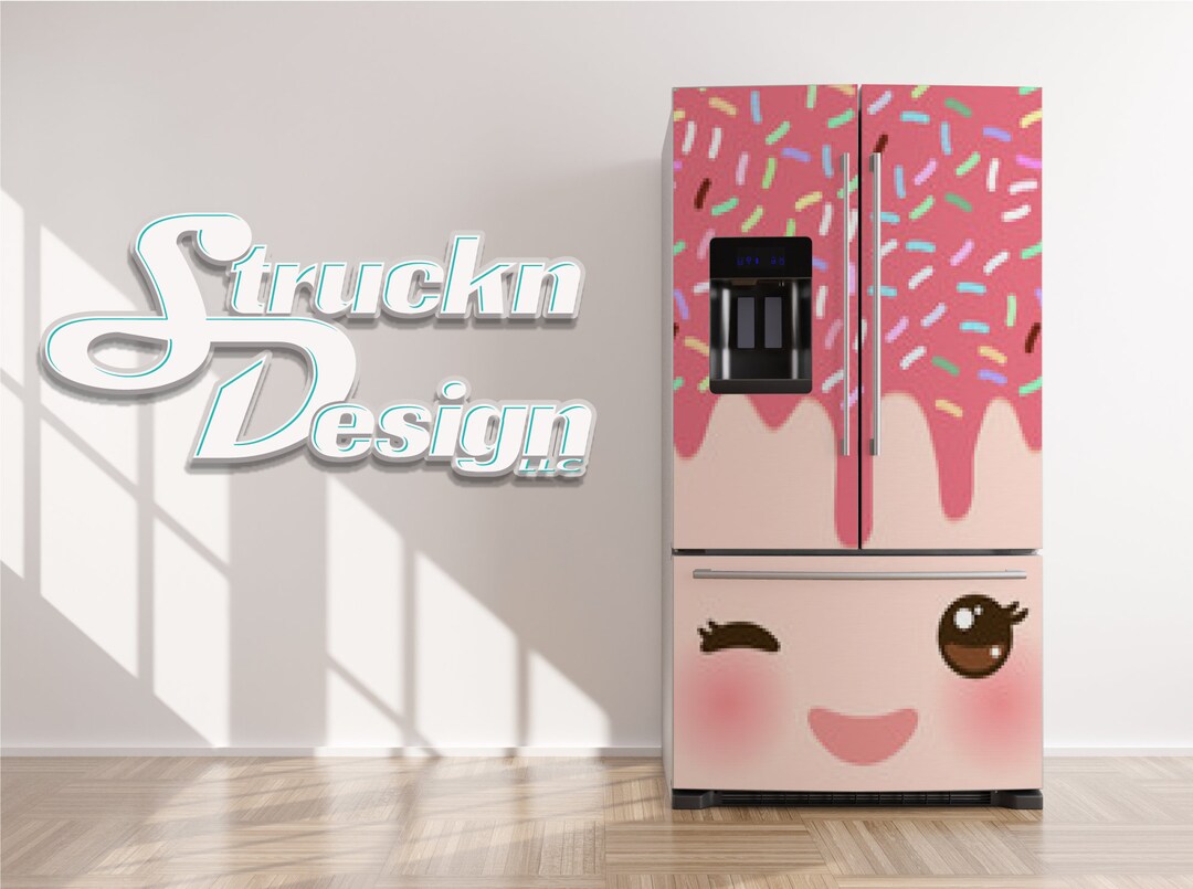 Cute Pink Sprinkle Cupcake Ice Cream Winking Refrigerator Fridge Freezer Wrap Side by Side Top
