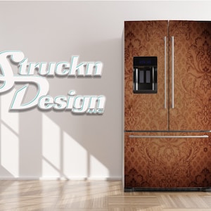 Vintage Ornate Filigree Copper Brown Refrigerator Fridge Freezer Wrap Side by Side Top Bottom Door Vinyl Mural Skin Decal Removable