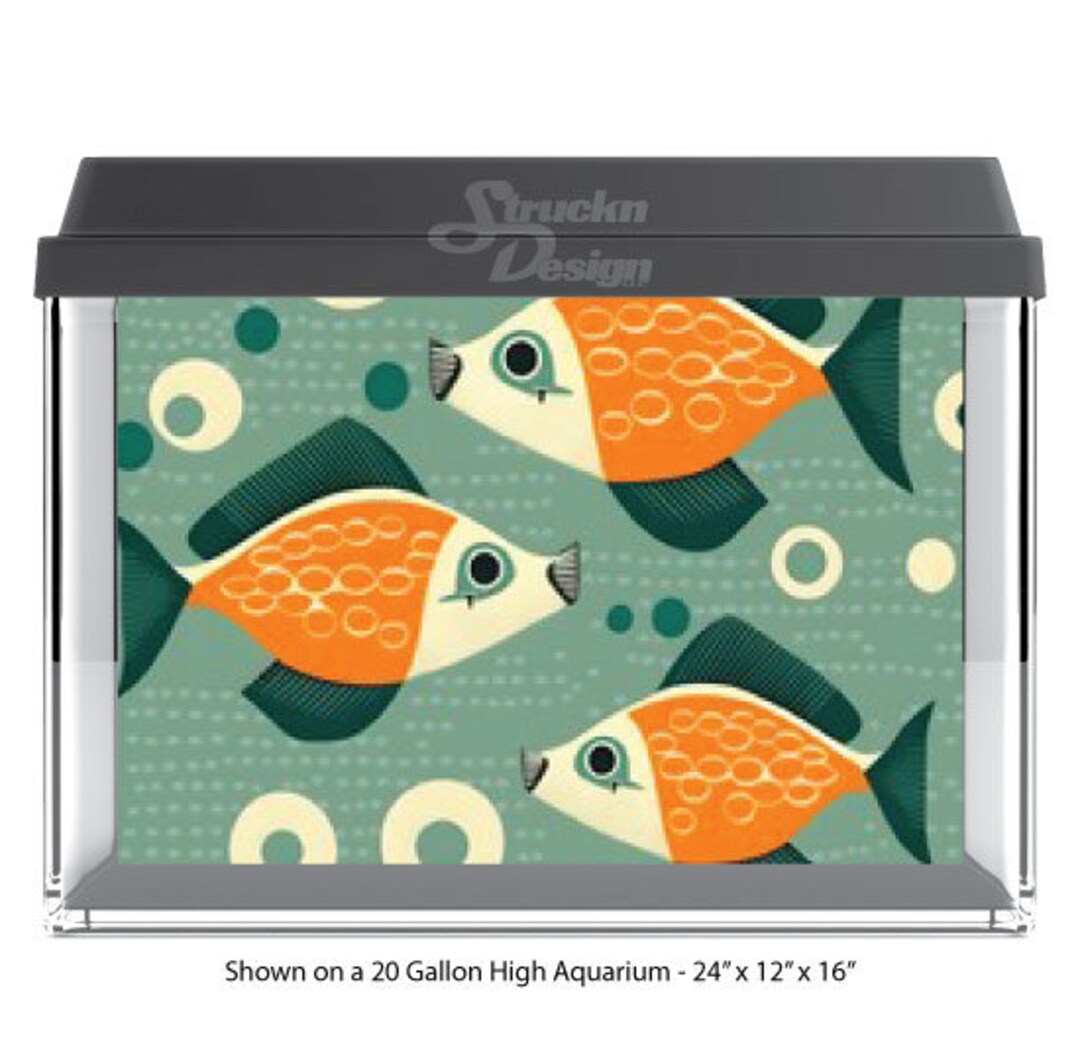 Beige Orange Fish Pattern Teal Water Mid Century 10mil Polyester Fish ...