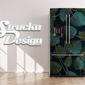 Illustrated Eucalyptus Plant Leaf Navy Refrigerator Fridge Freezer Wrap Side by Side Top Bottom Door Vinyl Mural Skin Decal Removable