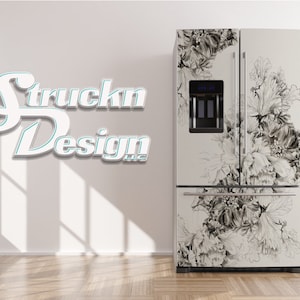 Artistic Sketched Flower Petal Black White Refrigerator Fridge Freezer Wrap Side by Side Top Bottom Door Vinyl Mural Skin Decal Removable