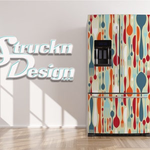 Mid Century Cutlery Fork Knife Green Red Blue Refrigerator Fridge Freezer Wrap Side by Side Top Bottom Door Vinyl Mural Skin Decal Removable