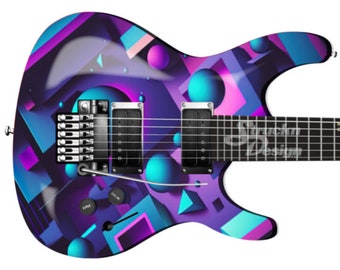 Puede incluir: Una guitarra eléctrica morada, azul y rosa con un diseño geométrico. La guitarra tiene un cuerpo negro y un mástil negro. El diseño presenta esferas, cuadrados y triángulos.