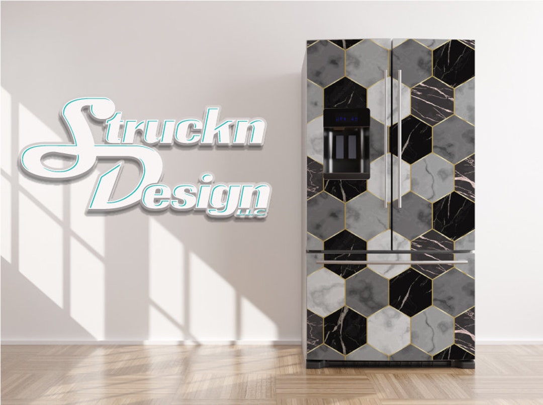 Black White Gray Marble Hexagon Tiles Refrigerator Fridge Freezer Wrap