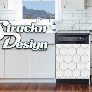 May include: A white kitchen with white cabinets and a stainless steel stove and dishwasher. The dishwasher has a white hexagonal tile pattern on the front. The text "Struckn Design LLC" is visible in the image.
