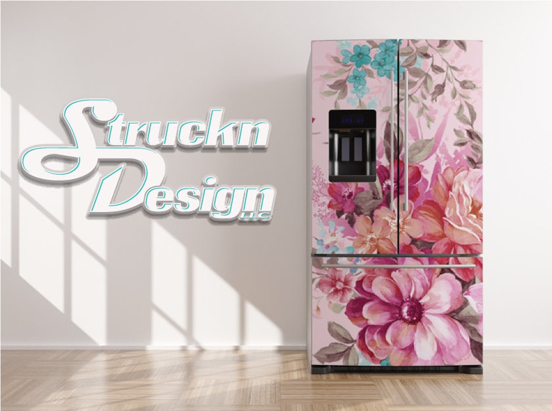 Elegant Pink Orange Watercolor Flowers Refrigerator Fridge Freezer Wrap
