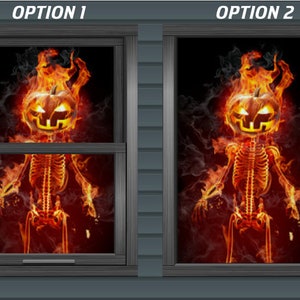 Fiery Pumpkin Head Fire Skeleton Window Backlit Wall Backdrop Banner Inside / Outside Halloween Decoration Decor Easy Hanging Grommet USA