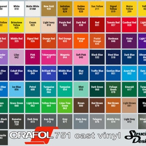 May include: A color chart of OrafoL 751 cast vinyl, showing a variety of colors, including red, blue, green, yellow, and black. The chart is organized in rows and columns, with each color labeled with a number.