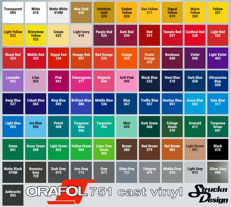 May include: A color chart of OrafoL 751 cast vinyl, showing a variety of colors, including red, blue, green, yellow, and black. The chart is organized in rows and columns, with each color labeled with a number.