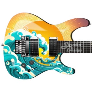 May include: A blue and yellow electric guitar with a wave and sun design. The guitar has a black pickguard and a black neck.