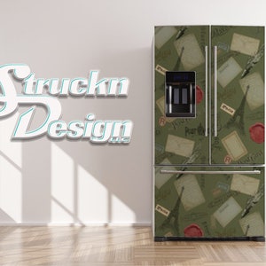 Verde oliva París Postal Vintage Refrigerador francés Refrigerador Congelador Envoltura lado a lado Puerta inferior superior Vinilo Mural Piel Calcomanía extraíble