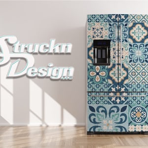 Cyan White Beige Tile Pattern Refrigerator Fridge Freezer Wrap Side by Side Top Bottom Door Vinyl Mural Skin Decal Removable