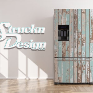 Rustic Planks Wood Blue Tan Barn Style Art Refrigerator Fridge Freezer Wrap Side by Side Top Bottom Door Vinyl Mural Skin Decal Removable