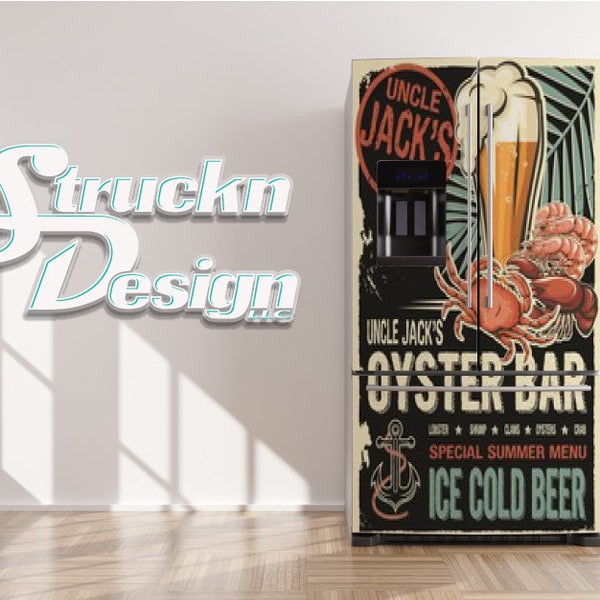 Vintage Beer and Sea Food Ad Retro Design Refrigerator Fridge Freezer Wrap Side by Side Top Bottom Door Vinyl Mural Skin Decal Removable