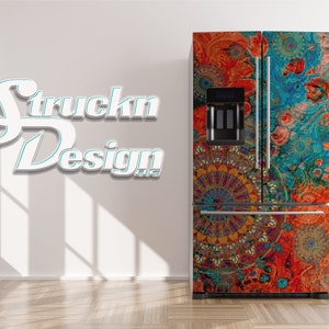 Watercolor Orange Teal Mandala Refrigerator Fridge Freezer Wrap Side by Side Top Bottom Door Vinyl Mural Skin Decal Removable