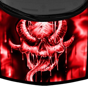 Horned Demon Tongue Grunge Truck Hood Wrap Vinyl Car Graphic Decal Bright Red 58&quot; x 65&quot; USA Made Cast Laminated Option