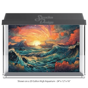 Artistic Animated Style Waves Sunset 10mil Polyester Aquarium Tank Glass Backdrop Background Waterproof Grey Opaque Backer