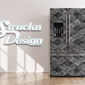 May include: A side-by-side refrigerator with a gray and black diamond pattern. The refrigerator has a water and ice dispenser and stainless steel handles. The text "Struckn Design" is in the upper left corner.