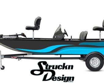 May include: A black and blue fishing boat on a trailer with a blue and black wave design. The boat has two seats and a motor. The boat is on a white background.