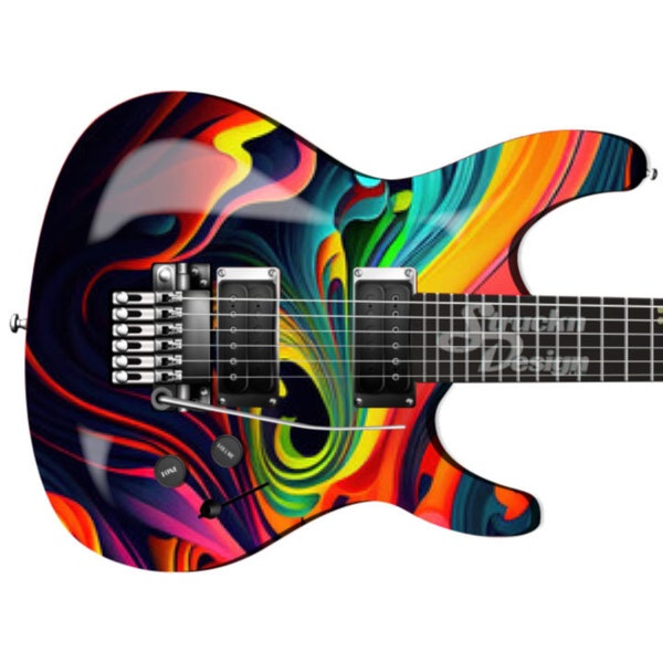 Spiral Rainbow Paint Swirl Black Guitar Bass Metal Vinyl Wrap Skin Decal Laminate Air Release Bubble Free Graphic Peel & Stick Multi Size