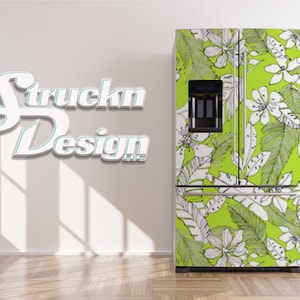 Lime Green White Tropical Plant Floral Refrigerator Fridge Freezer Wrap Side by Side Top Bottom Door Vinyl Mural Skin Decal Removable