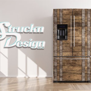 Rustic Iron Tan Wood Planks Wine Barrel Style Refrigerator Fridge Freezer Wrap Side by Side Top Bottom Door Vinyl Mural Skin Decal Removable