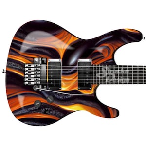 May include: A black electric guitar with a swirling orange and black paint design. The guitar has a black body and a black neck with silver hardware.
