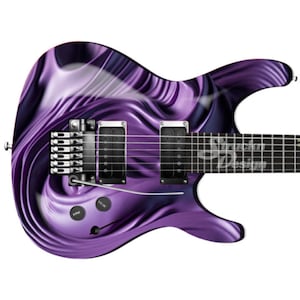 May include: Purple electric guitar with a swirling, abstract design. The guitar has a black body and a silver bridge.