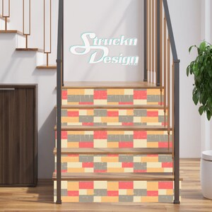 Rectangle Brick Pattern Pink Yellow Blue Staircase Wrap Vinyl Mural Skin Decal Bubble Free Peel & Stick (Price Per Step)