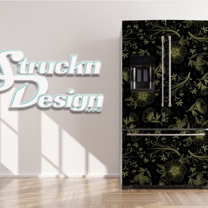Dunkles Blumenmuster Grün Gelb Schwarz Kühlschrank Kühlschrank Gefrierfach Wrap Side by Side Top Boden Tür Vinyl Wandbild Haut Aufkleber abnehmbar