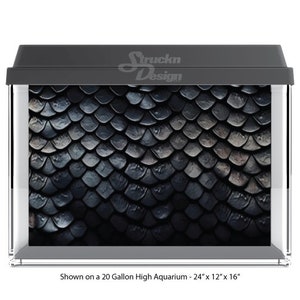 May include: A rectangular aquarium with a black top and a textured, dark gray scale pattern on the back. The aquarium is shown on a 20-gallon high tank, measuring 24" x 12" x 16". The text "Struckn Design" is on the top.
