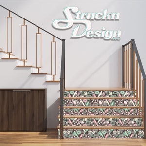 Floral Design Pattern Dull Pink Cyan White Staircase Wrap Vinyl Mural Skin Decal Bubble Free Peel & Stick (Price Per Step)