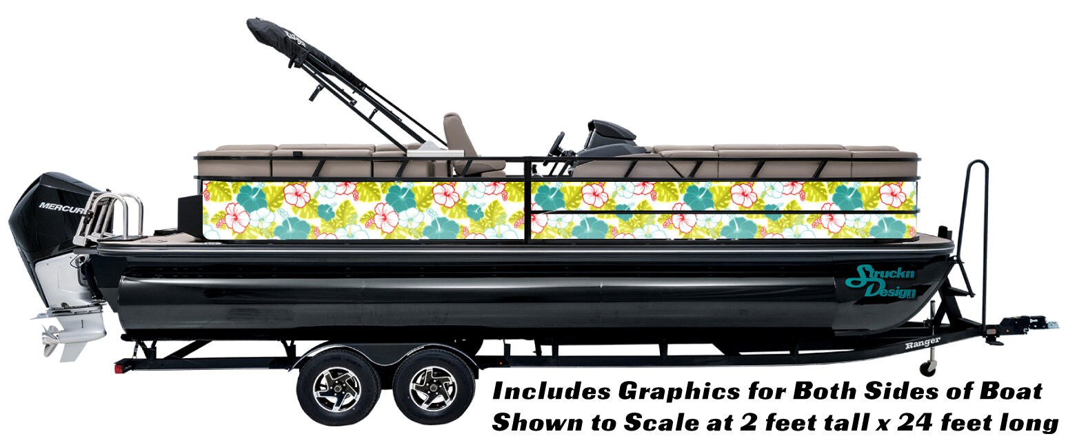 Pontoon Fish Tiki Boat Blue Fishing Bass Hawaii Tropical Flowers Vines  Graphic Vinyl Wrap Kit Decal Cast Material Various Sizes DIY WRAPPING