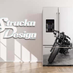Dynamic Black And White Vintage Motorcycle Refrigerator Fridge Freezer Wrap Side by Side Top Bottom Door Vinyl Mural Skin Decal Removable